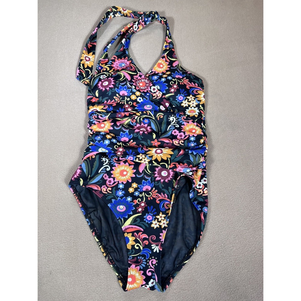 Boden One Piece Swimsuit US 2 Floral Halter Ruched Tummy Control Bathing Suit